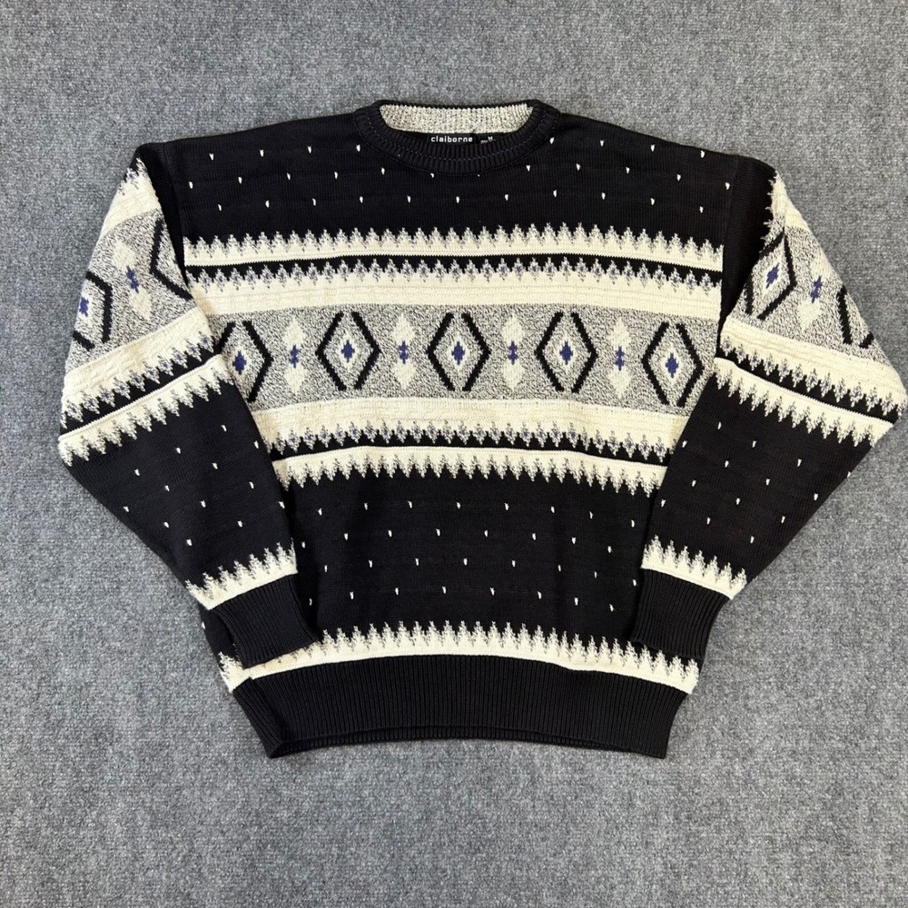 Claiborne Mens Vintage 90s Cotton Geometric Fair Isle Sweater Black Grey M USA